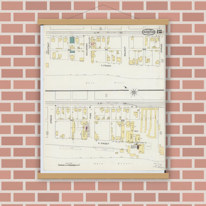 Old map wall art mockup — magnetic wood frame on brick wall — Sanborn Fire Insurance Map from Ironton, Lawrence County, Ohio (1893), Sheet #0012