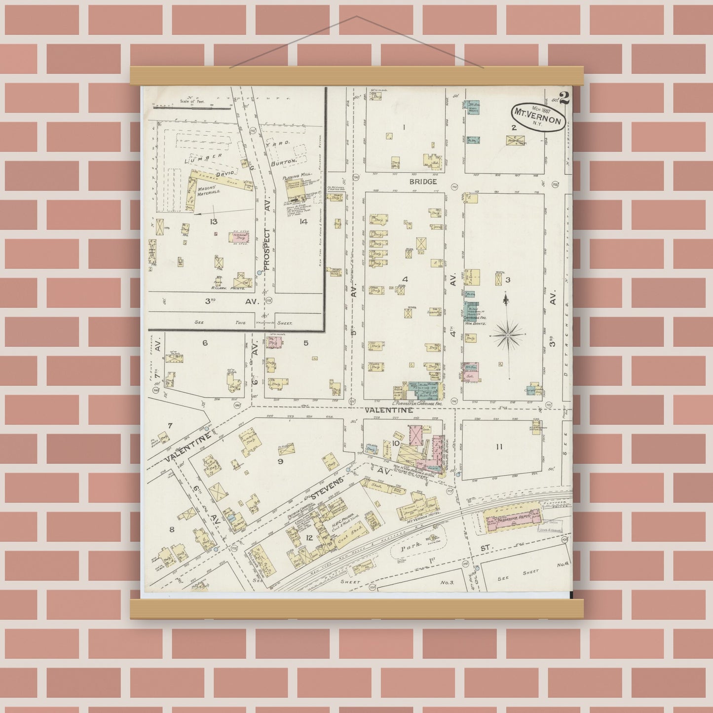 Old map wall art mockup — magnetic wood frame on brick wall — Sanborn Fire Insurance Map from Mount Vernon, Westchester County, New York (1887) - Complete Map Set