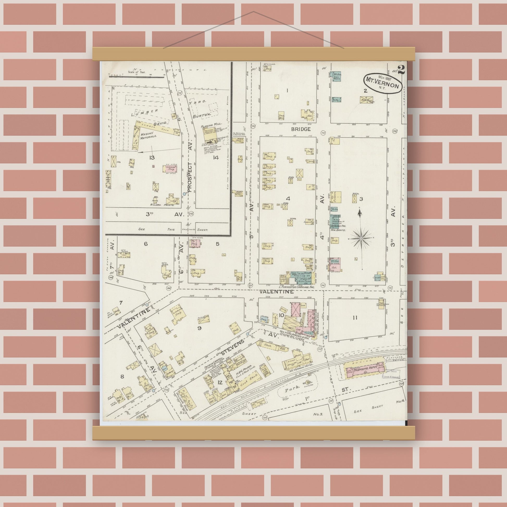 Old map wall art mockup — magnetic wood frame on brick wall — Sanborn Fire Insurance Map from Mount Vernon, Westchester County, New York (1887) - Complete Map Set