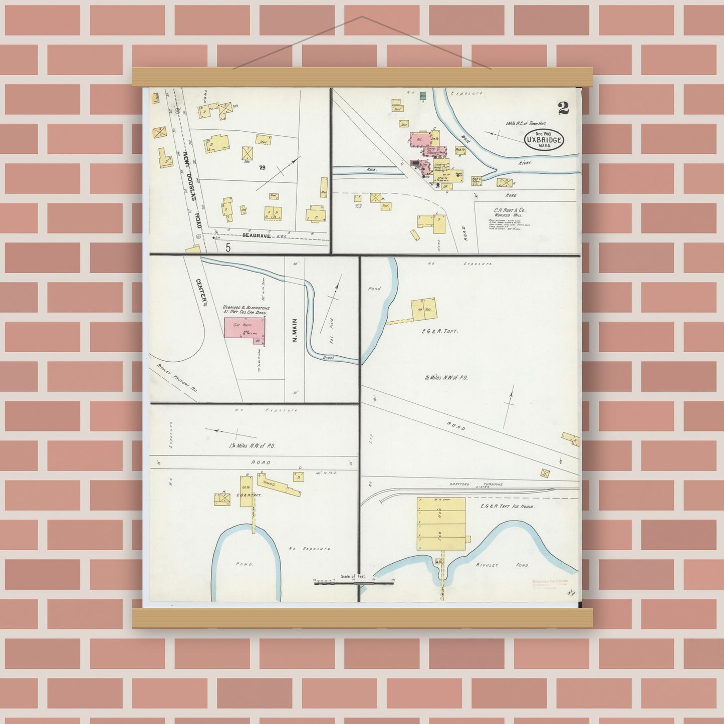 Old map wall art mockup — magnetic wood frame on brick wall — Sanborn Fire Insurance Map from Uxbridge, Worcester County, Massachusetts (1903), Sheet #0002
