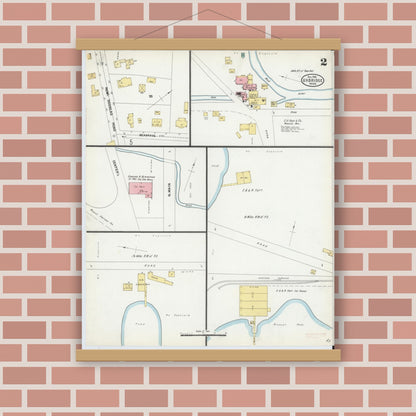 Old map wall art mockup — magnetic wood frame on brick wall — Sanborn Fire Insurance Map from Uxbridge, Worcester County, Massachusetts (1903), Sheet #0002