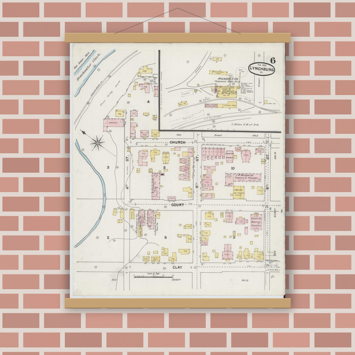 Old map wall art mockup — magnetic wood frame on brick wall — Sanborn Fire Insurance Map from Lynchburg, Independent Cities, Virginia (1890), Sheet #0006