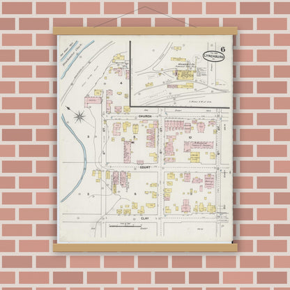 Old map wall art mockup — magnetic wood frame on brick wall — Sanborn Fire Insurance Map from Lynchburg, Independent Cities, Virginia (1890), Sheet #0006