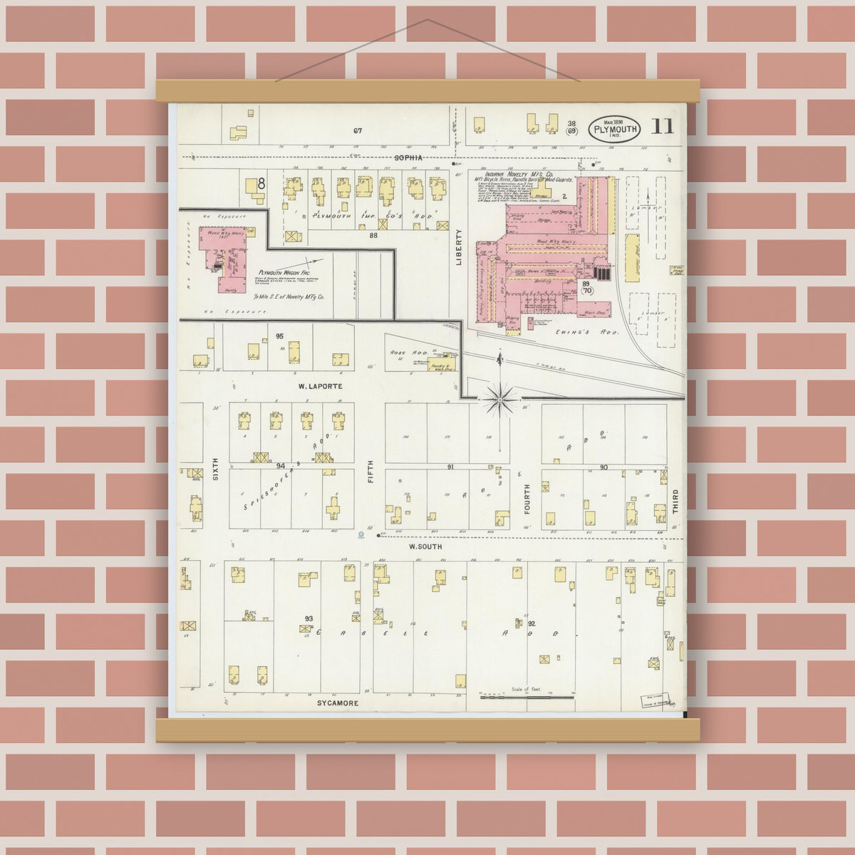 Old map wall art mockup — magnetic wood frame on brick wall — Sanborn Fire Insurance Map from Plymouth, Marhshall County, Indiana (1898), Sheet #0011