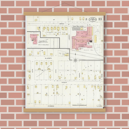 Old map wall art mockup — magnetic wood frame on brick wall — Sanborn Fire Insurance Map from Plymouth, Marhshall County, Indiana (1898), Sheet #0011