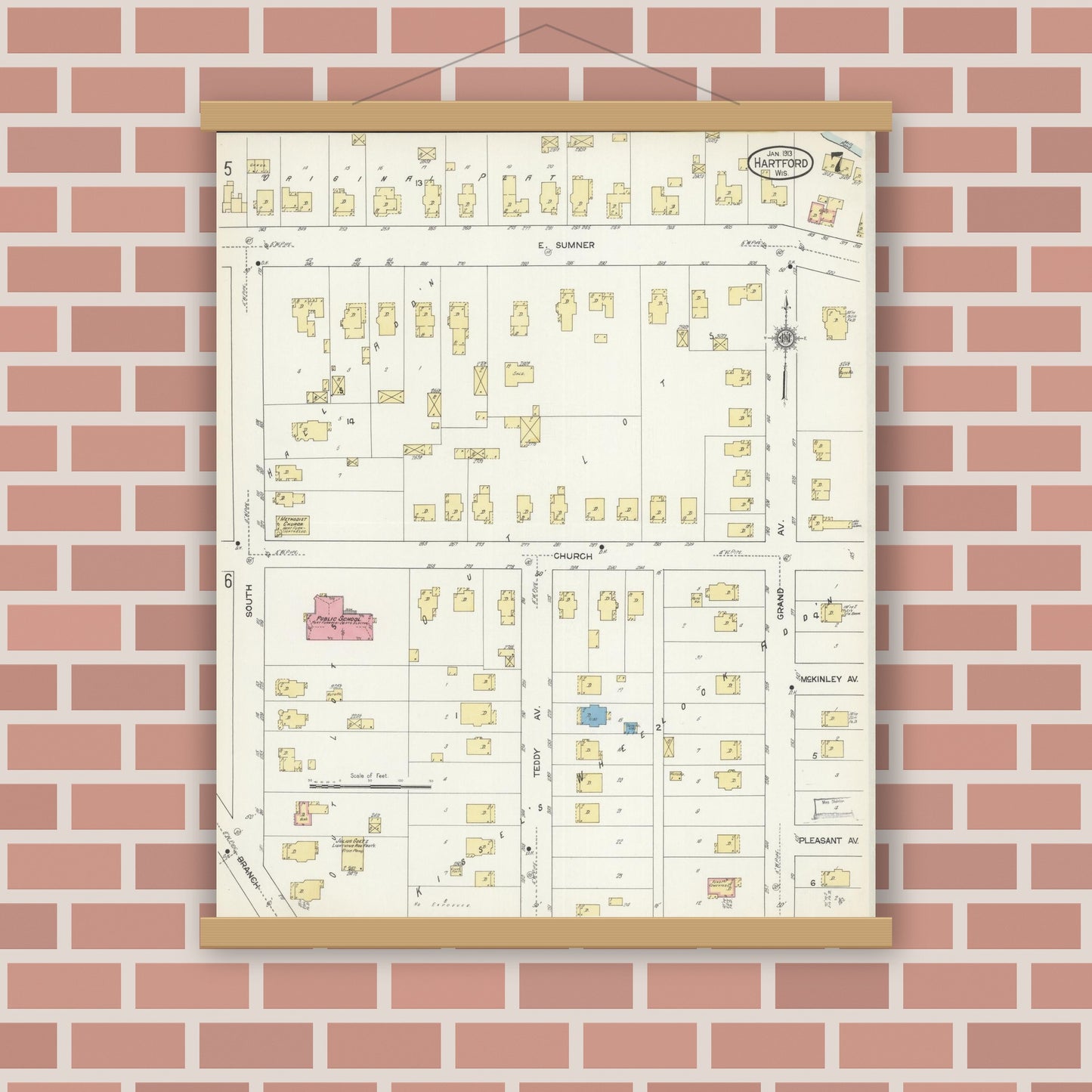 Old map wall art mockup — magnetic wood frame on brick wall — Sanborn Fire Insurance Map from Hartford, Washington County, Wisconsin (1913), Sheet #0007