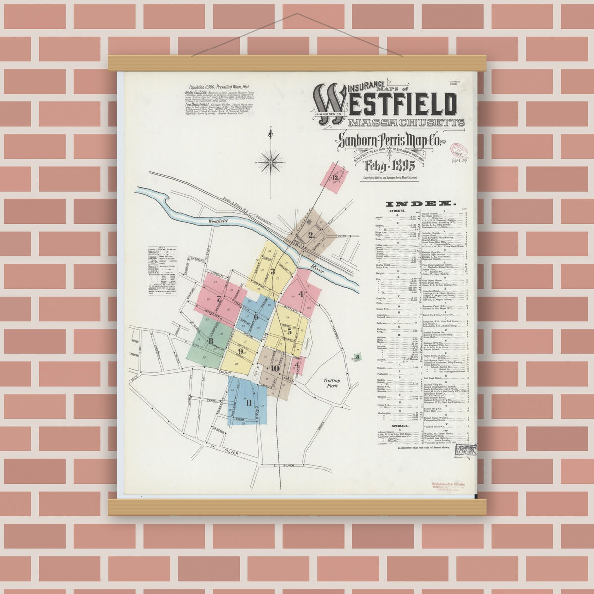 Old map wall art mockup — magnetic wood frame on brick wall — Sanborn Fire Insurance Map from Westfield, Hampden County, Massachusetts (1895), Sheet #0001