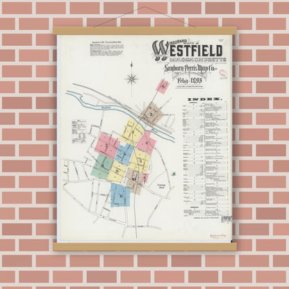 Old map wall art mockup — magnetic wood frame on brick wall — Sanborn Fire Insurance Map from Westfield, Hampden County, Massachusetts (1895), Sheet #0001