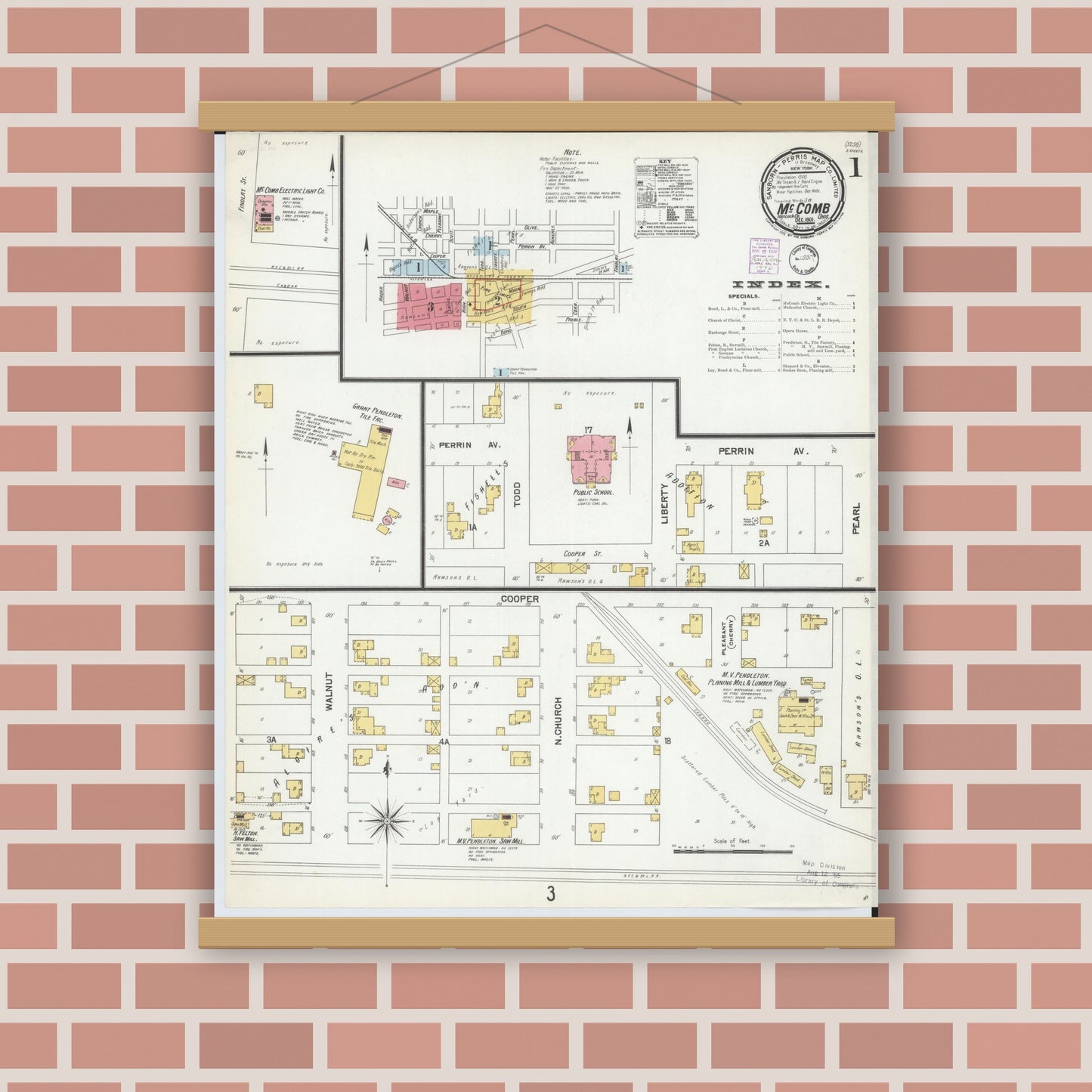 Old map wall art mockup — magnetic wood frame on brick wall — Sanborn Fire Insurance Map from McComb, Hancock County, Ohio (1901), Sheet #0001