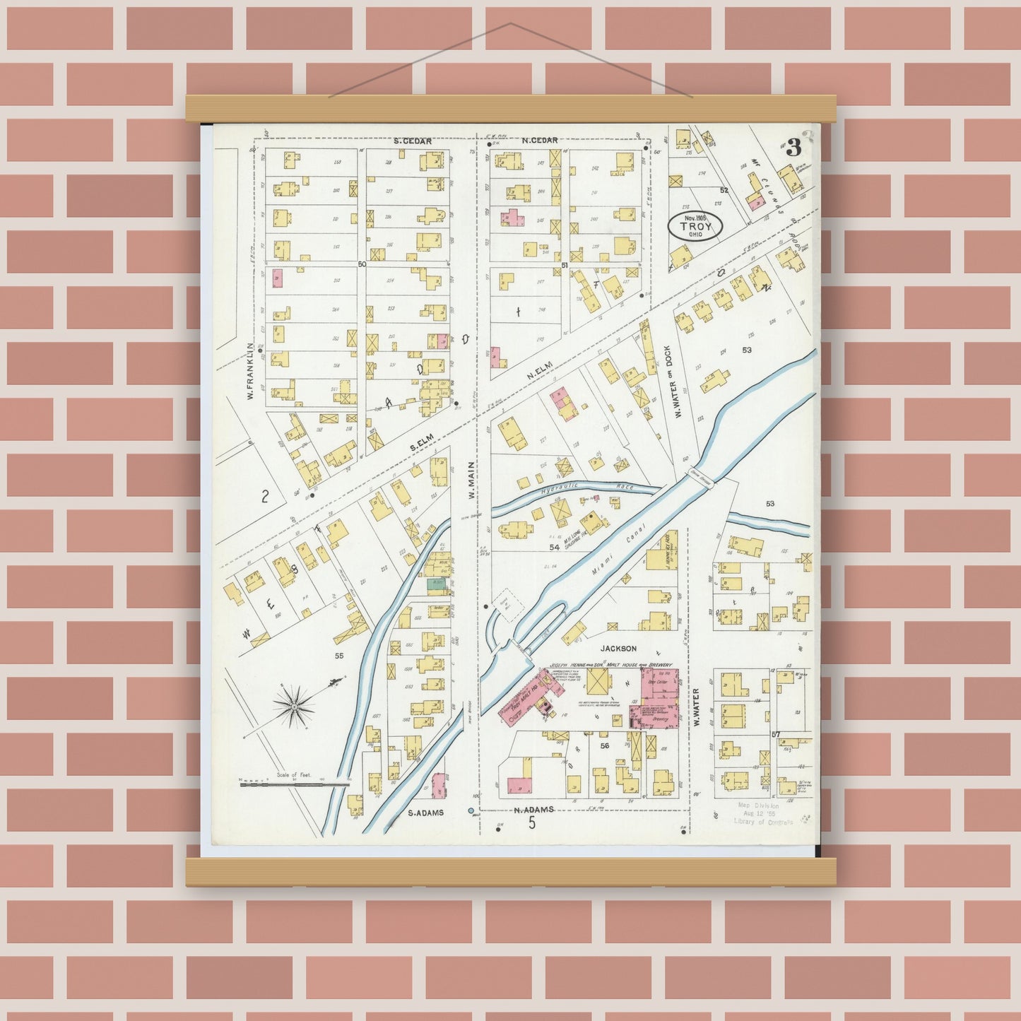 Old map wall art mockup — magnetic wood frame on brick wall — Sanborn Fire Insurance Map from Troy, Miami County, Ohio (1905), Sheet #0003