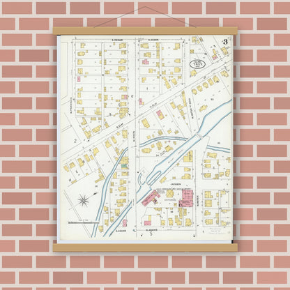 Old map wall art mockup — magnetic wood frame on brick wall — Sanborn Fire Insurance Map from Troy, Miami County, Ohio (1905), Sheet #0003