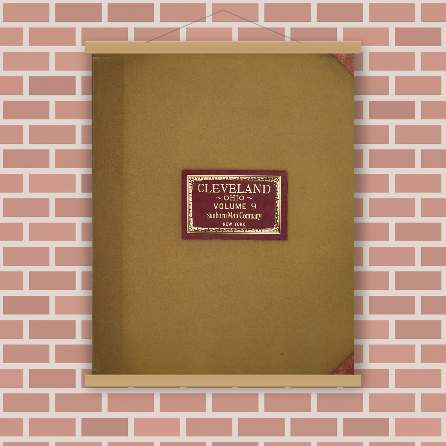 Old map wall art mockup — magnetic wood frame on brick wall — Sanborn Fire Insurance Map from Cleveland, Cuyahoga County, Ohio (1949), Sheet #0001