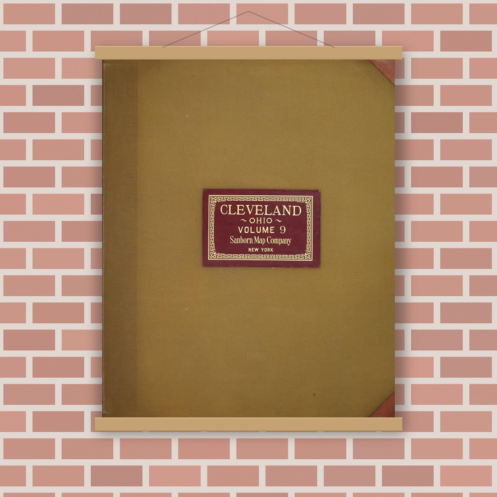 Old map wall art mockup — magnetic wood frame on brick wall — Sanborn Fire Insurance Map from Cleveland, Cuyahoga County, Ohio (1949), Sheet #0001
