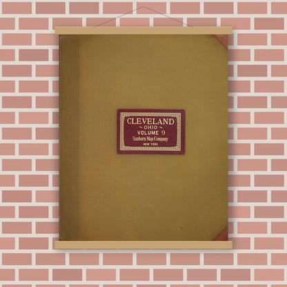 Old map wall art mockup — magnetic wood frame on brick wall — Sanborn Fire Insurance Map from Cleveland, Cuyahoga County, Ohio (1949), Sheet #0001