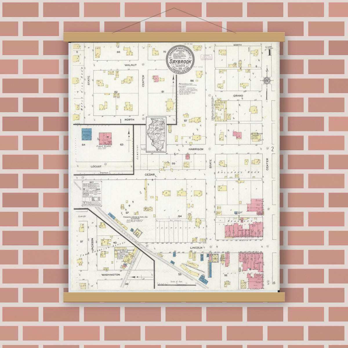 Old map wall art mockup — magnetic wood frame on brick wall — Sanborn Fire Insurance Map from Saybrook, McLean County, Illinois (1913) - Complete Map Set