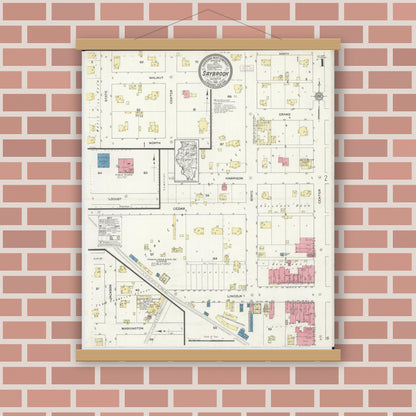 Old map wall art mockup — magnetic wood frame on brick wall — Sanborn Fire Insurance Map from Saybrook, McLean County, Illinois (1913) - Complete Map Set