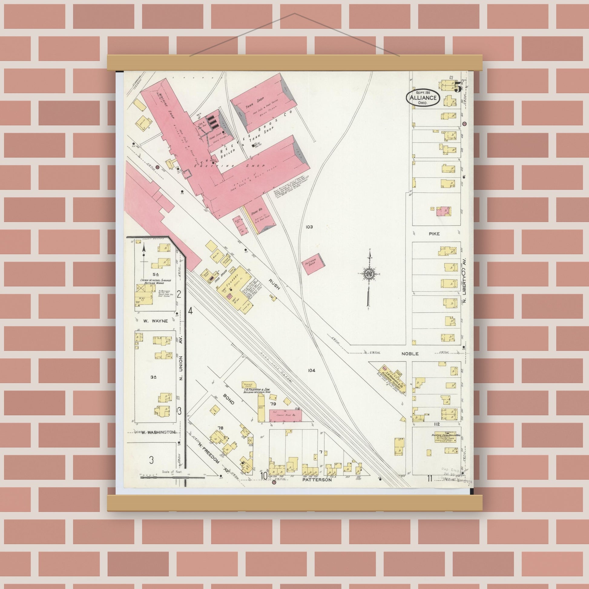 Old map wall art mockup — magnetic wood frame on brick wall — Sanborn Fire Insurance Map from Alliance, Stark County, Ohio (1911), Sheet #0005