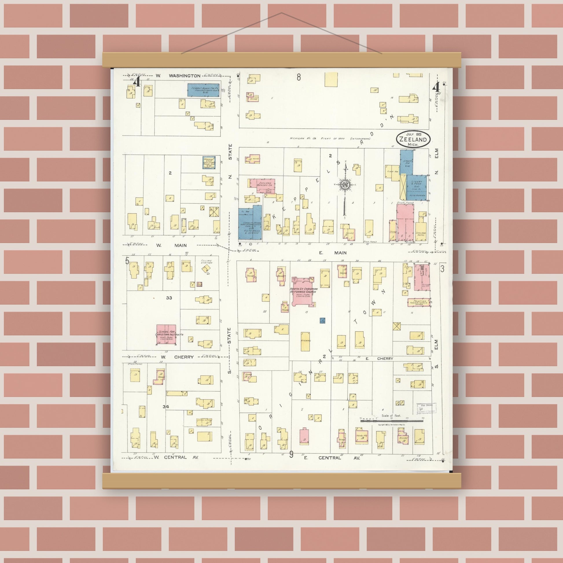 Old map wall art mockup — magnetic wood frame on brick wall — Sanborn Fire Insurance Map from Zeeland, Ottawa County, Michigan (1923), Sheet #0004