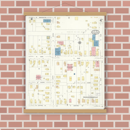 Old map wall art mockup — magnetic wood frame on brick wall — Sanborn Fire Insurance Map from Zeeland, Ottawa County, Michigan (1923), Sheet #0004
