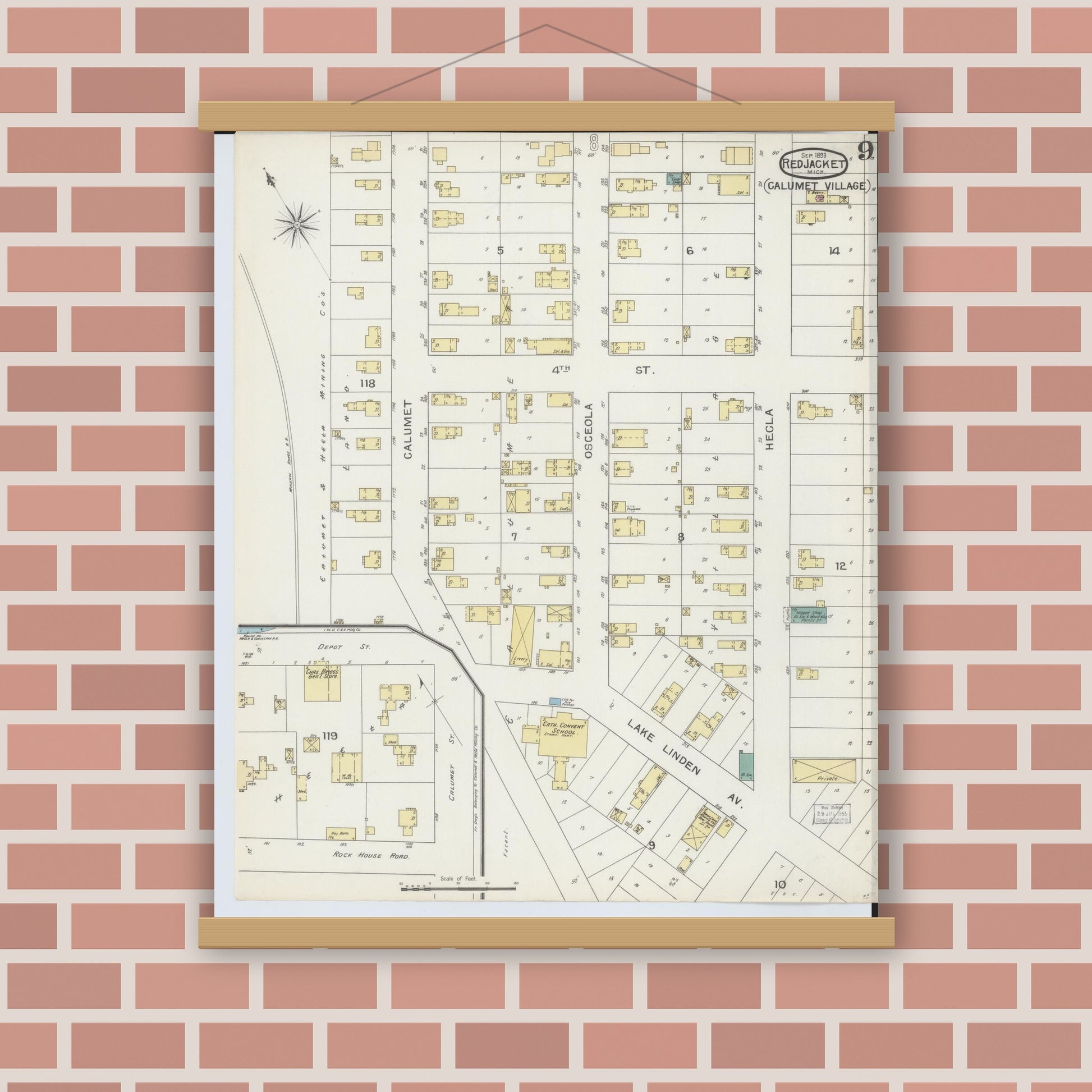 Old map wall art mockup — magnetic wood frame on brick wall — Sanborn Fire Insurance Map from Red Jacket, Houghton County, Michigan (1893), Sheet #0009