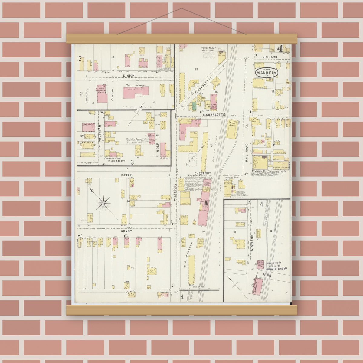 Old map wall art mockup — magnetic wood frame on brick wall — Sanborn Fire Insurance Map from Manheim, Lancaster County, Pennsylvania (1896), Sheet #0004