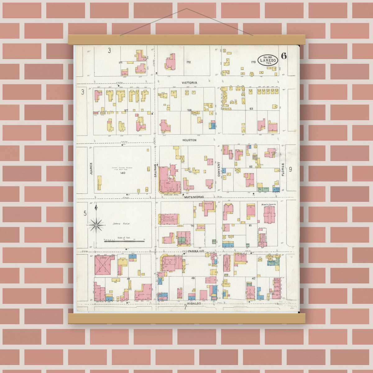 Old map wall art mockup — magnetic wood frame on brick wall — Sanborn Fire Insurance Map from Laredo, Webb County, Texas (1905), Sheet #0006