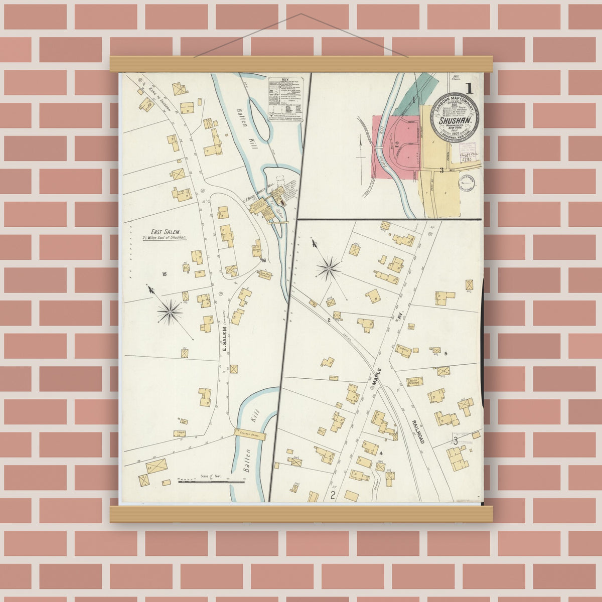 Old map wall art mockup — magnetic wood frame on brick wall — Sanborn Fire Insurance Map from Shushan, Washington County, New York (1902) - Complete Map Set