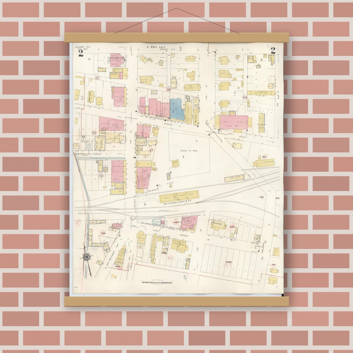 Old map wall art mockup — magnetic wood frame on brick wall — Sanborn Fire Insurance Map from Silsbee, Hardin County, Texas (1942), Sheet #0002
