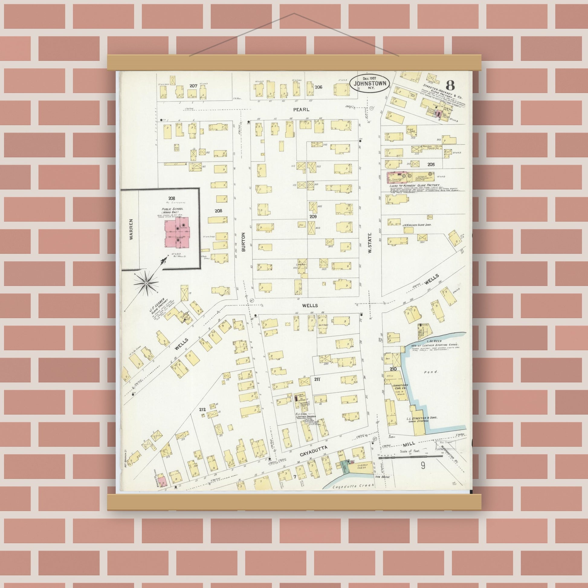 Old map wall art mockup — magnetic wood frame on brick wall — Sanborn Fire Insurance Map from Johnstown, Fulton County, New York (1907), Sheet #0008