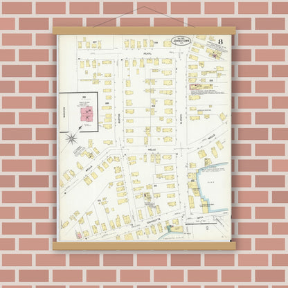 Old map wall art mockup — magnetic wood frame on brick wall — Sanborn Fire Insurance Map from Johnstown, Fulton County, New York (1907), Sheet #0008
