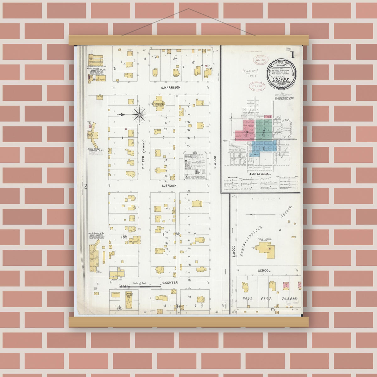 Old map wall art mockup — magnetic wood frame on brick wall — Sanborn Fire Insurance Map from Colfax, McLean County, Illinois (1899), Sheet #0001