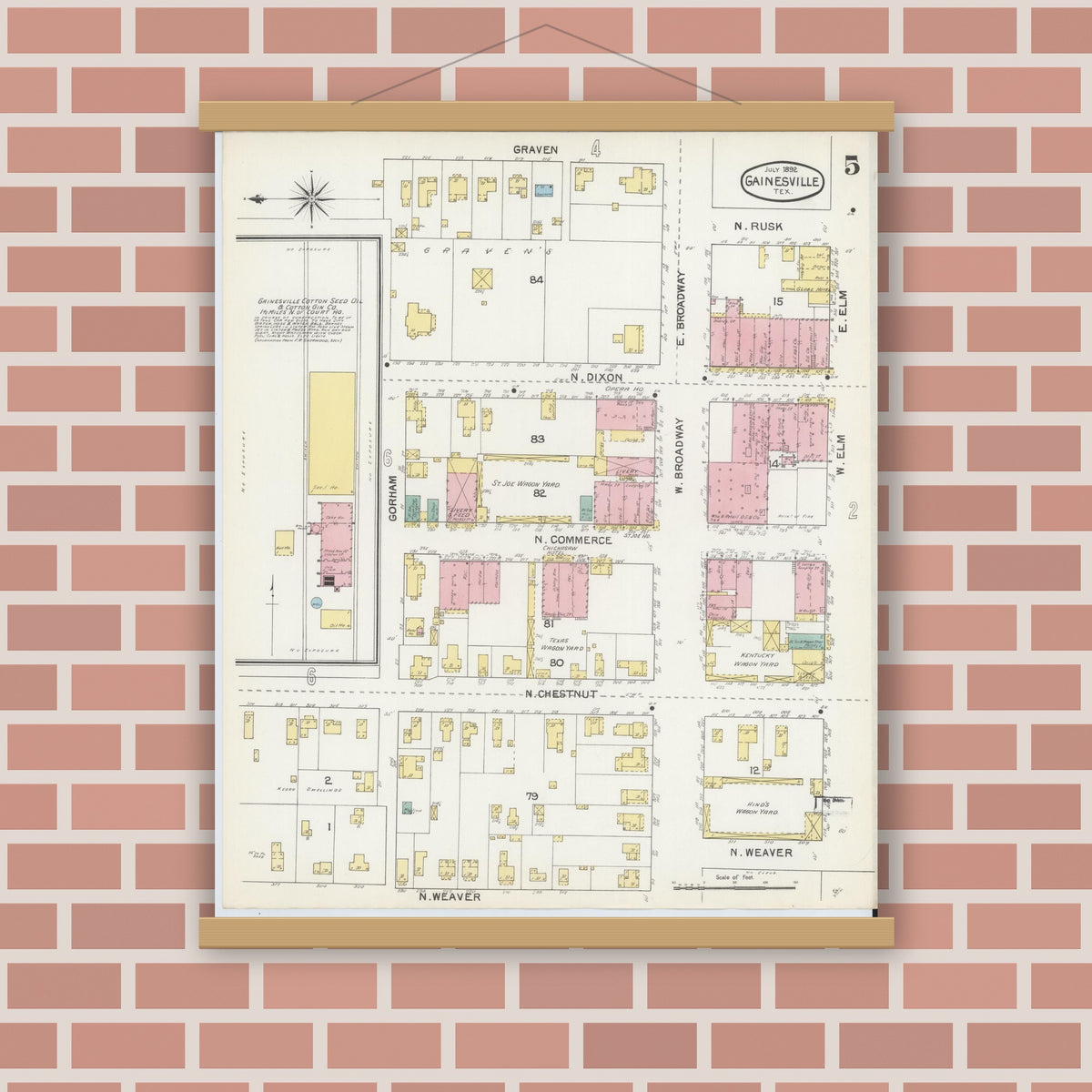 Old map wall art mockup — magnetic wood frame on brick wall — Sanborn Fire Insurance Map from Gainesville, Cooke County, Texas (1892), Sheet #0005