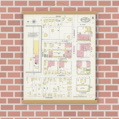 Old map wall art mockup — magnetic wood frame on brick wall — Sanborn Fire Insurance Map from Gainesville, Cooke County, Texas (1892), Sheet #0005