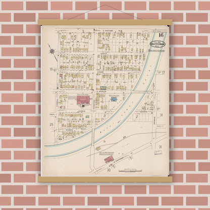 Old map wall art mockup — magnetic wood frame on brick wall — Sanborn Fire Insurance Map from Sault Sainte Marie, Chippewa County, Michigan (1922), Sheet #0016