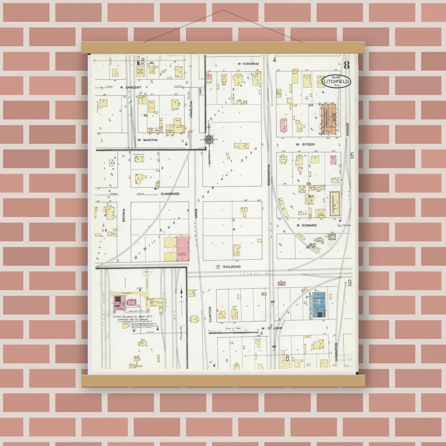 Old map wall art mockup — magnetic wood frame on brick wall — Sanborn Fire Insurance Map from Litchfield, Montgomery County, Illinois (1910), Sheet #0008