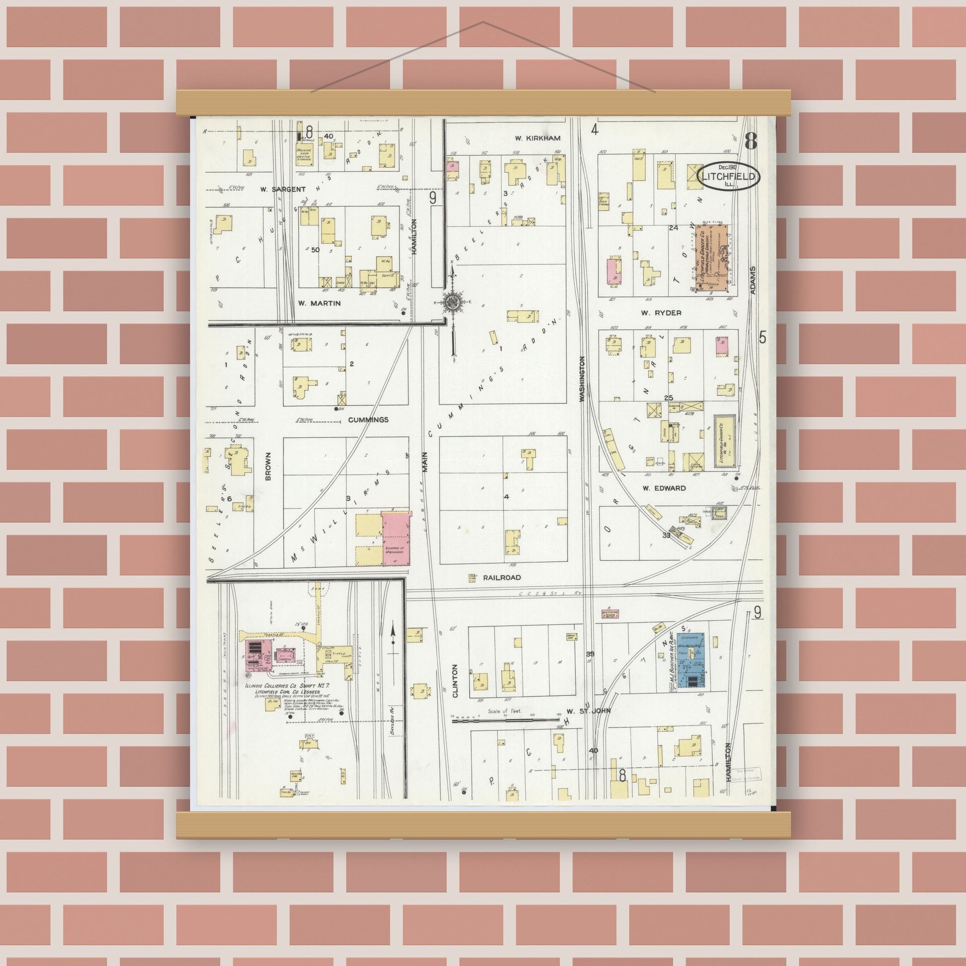 Old map wall art mockup — magnetic wood frame on brick wall — Sanborn Fire Insurance Map from Litchfield, Montgomery County, Illinois (1910), Sheet #0008