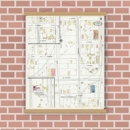 Old map wall art mockup — magnetic wood frame on brick wall — Sanborn Fire Insurance Map from Litchfield, Montgomery County, Illinois (1910), Sheet #0008