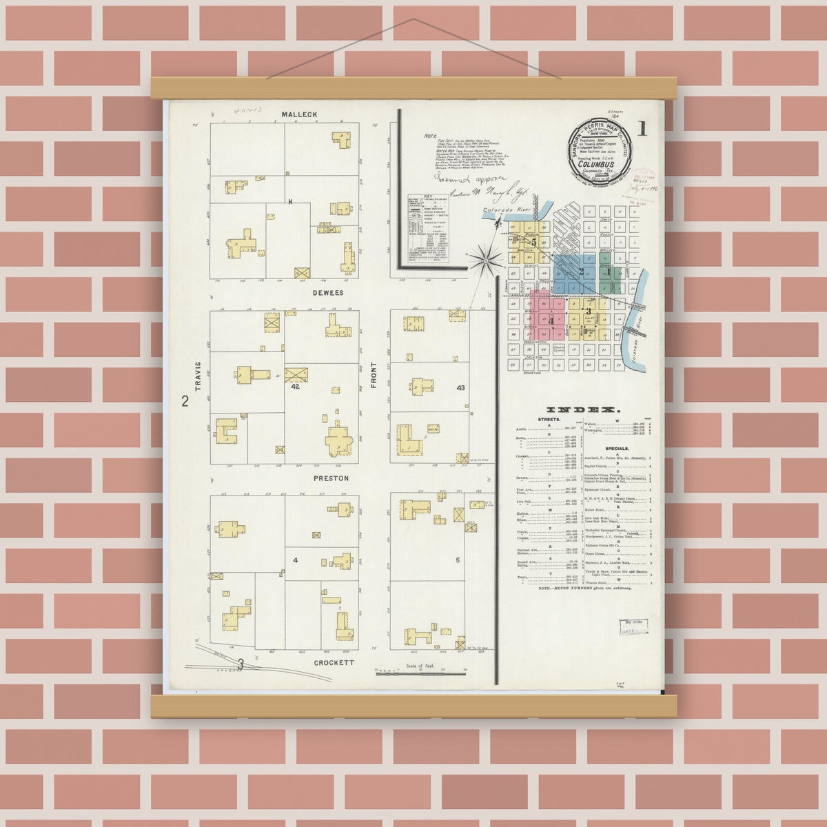 Old map wall art mockup — magnetic wood frame on brick wall — Sanborn Fire Insurance Map from Columbus, Colorado County, Texas (1896) - Complete Map Set