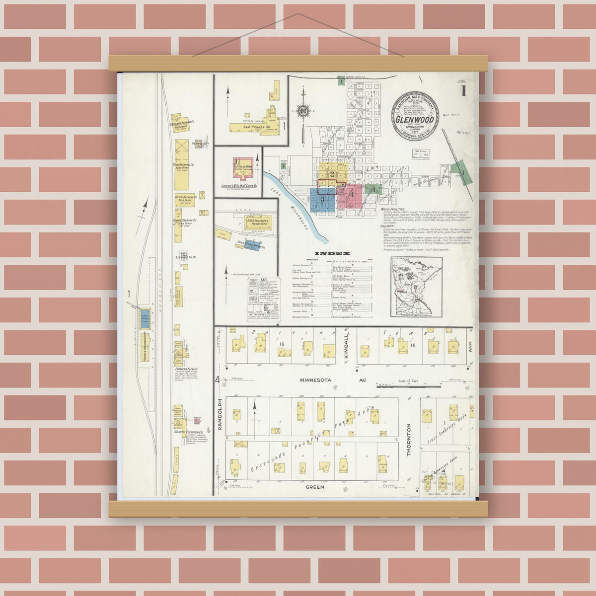 Old map wall art mockup — magnetic wood frame on brick wall — Sanborn Fire Insurance Map from Glenwood, Pope County, Minnesota (1917), Sheet #0001