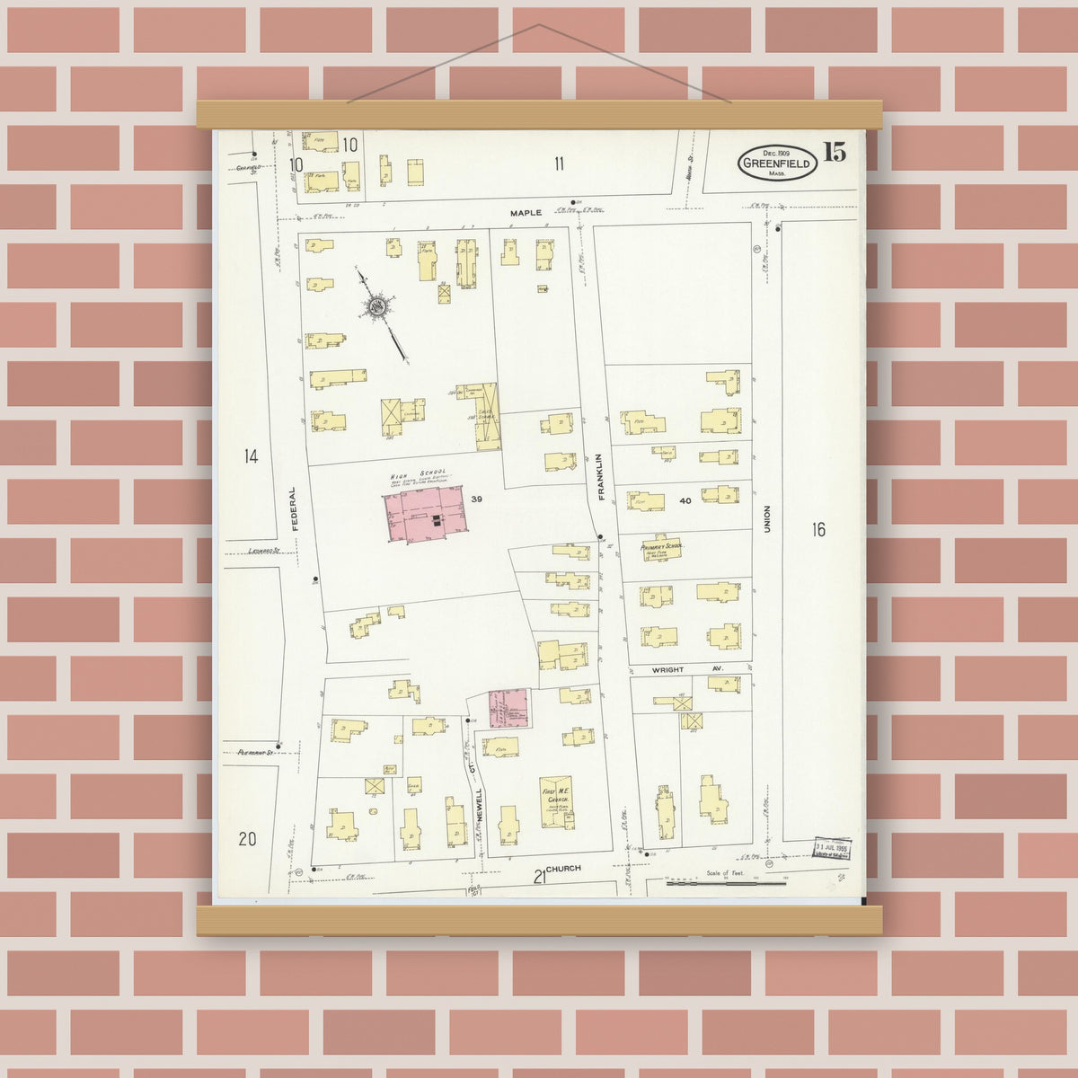 Old map wall art mockup — magnetic wood frame on brick wall — Sanborn Fire Insurance Map from Greenfield, Franklin County, Massachusetts (1909), Sheet #0015
