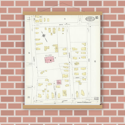 Old map wall art mockup — magnetic wood frame on brick wall — Sanborn Fire Insurance Map from Greenfield, Franklin County, Massachusetts (1909), Sheet #0015