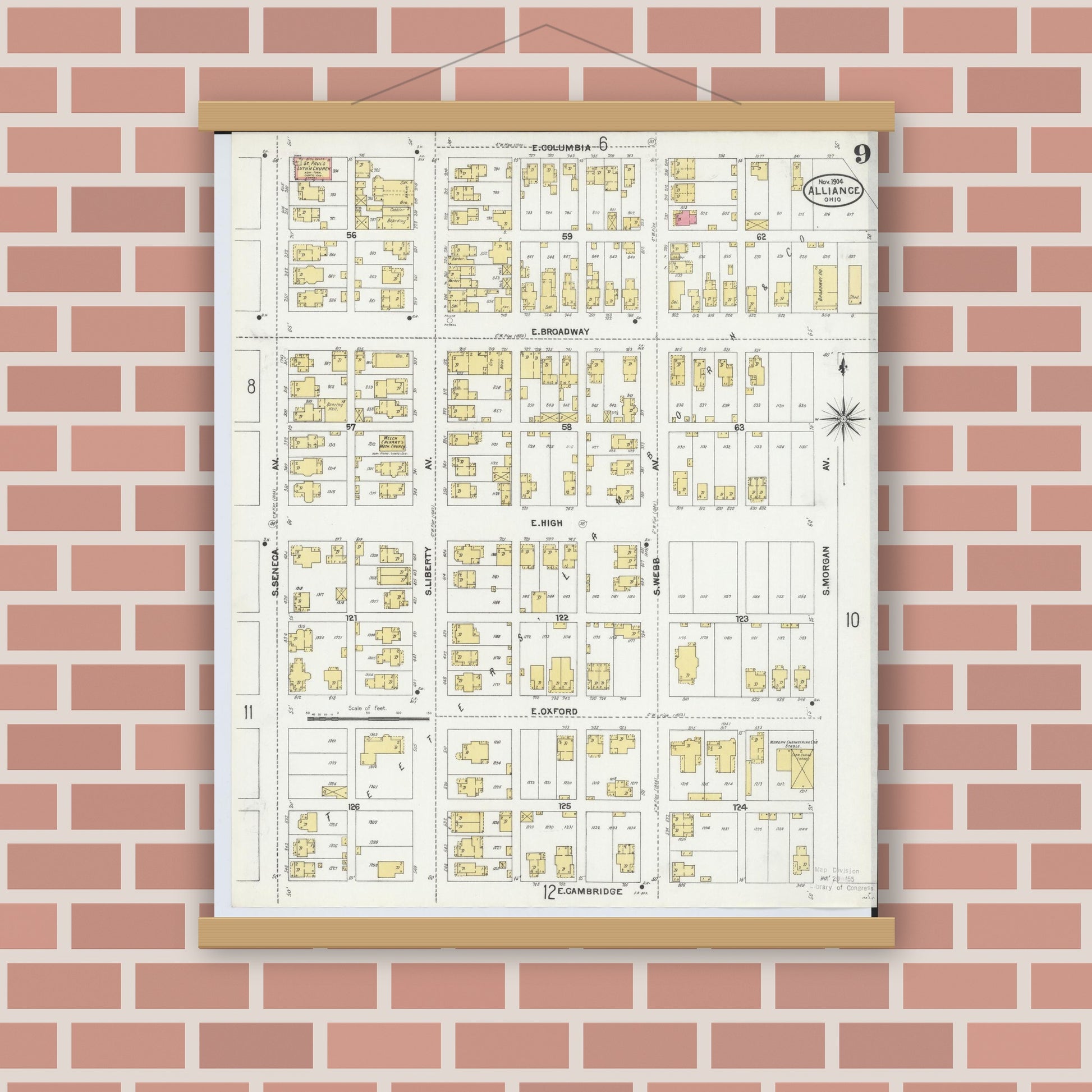 Old map wall art mockup — magnetic wood frame on brick wall — Sanborn Fire Insurance Map from Alliance, Stark County, Ohio (1904), Sheet #0009