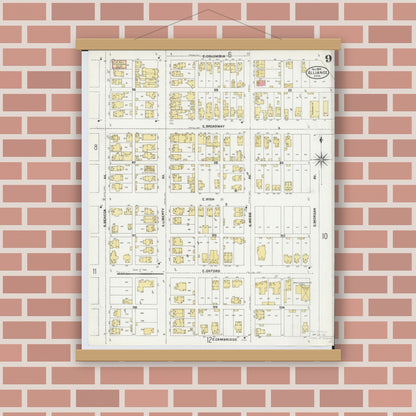 Old map wall art mockup — magnetic wood frame on brick wall — Sanborn Fire Insurance Map from Alliance, Stark County, Ohio (1904), Sheet #0009