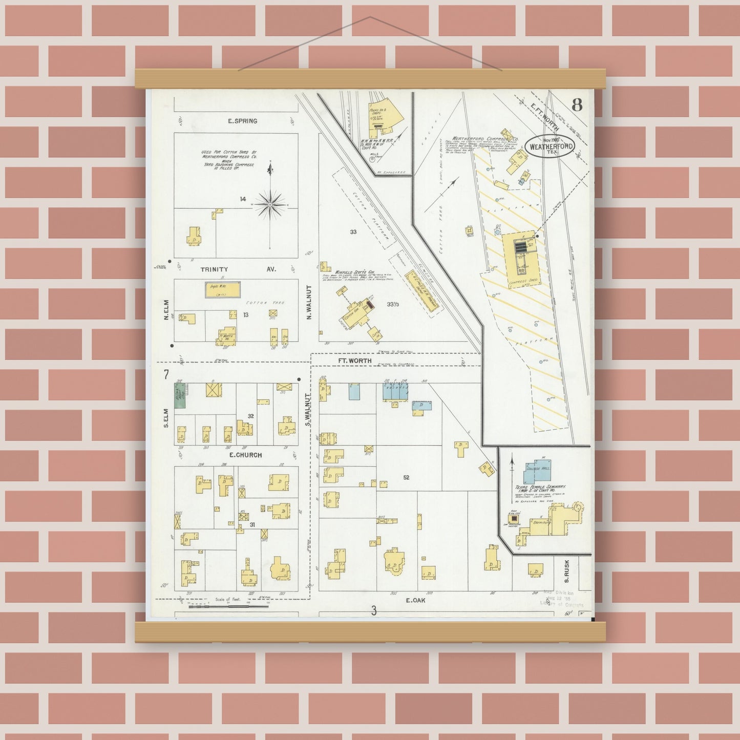 Old map wall art mockup — magnetic wood frame on brick wall — Sanborn Fire Insurance Map from Weatherford, Parker County, Texas (1900), Sheet #0008