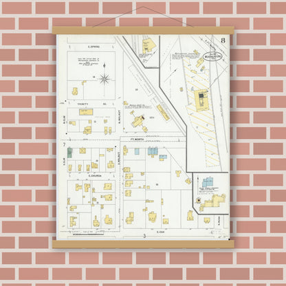 Old map wall art mockup — magnetic wood frame on brick wall — Sanborn Fire Insurance Map from Weatherford, Parker County, Texas (1900), Sheet #0008