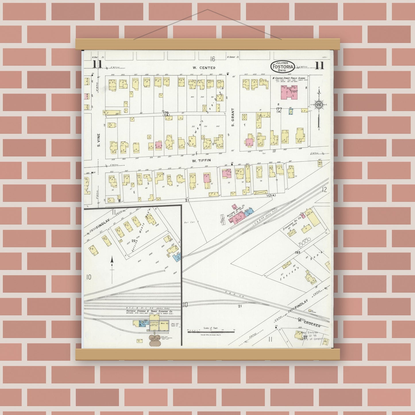 Old map wall art mockup — magnetic wood frame on brick wall — Sanborn Fire Insurance Map from Fostoria, Seneca, Hancock, And Wood Counties, Ohio (1924), Sheet #0011