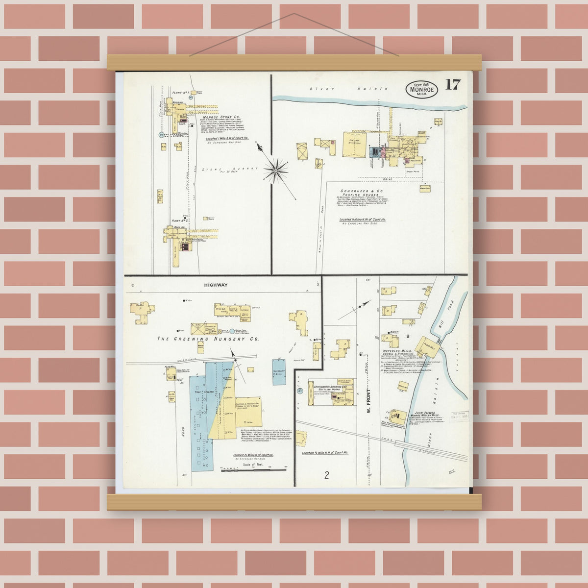 Old map wall art mockup — magnetic wood frame on brick wall — Sanborn Fire Insurance Map from Monroe, Monroe County, Michigan (1908), Sheet #0017