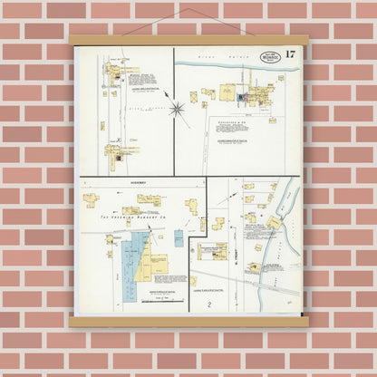 Old map wall art mockup — magnetic wood frame on brick wall — Sanborn Fire Insurance Map from Monroe, Monroe County, Michigan (1908), Sheet #0017