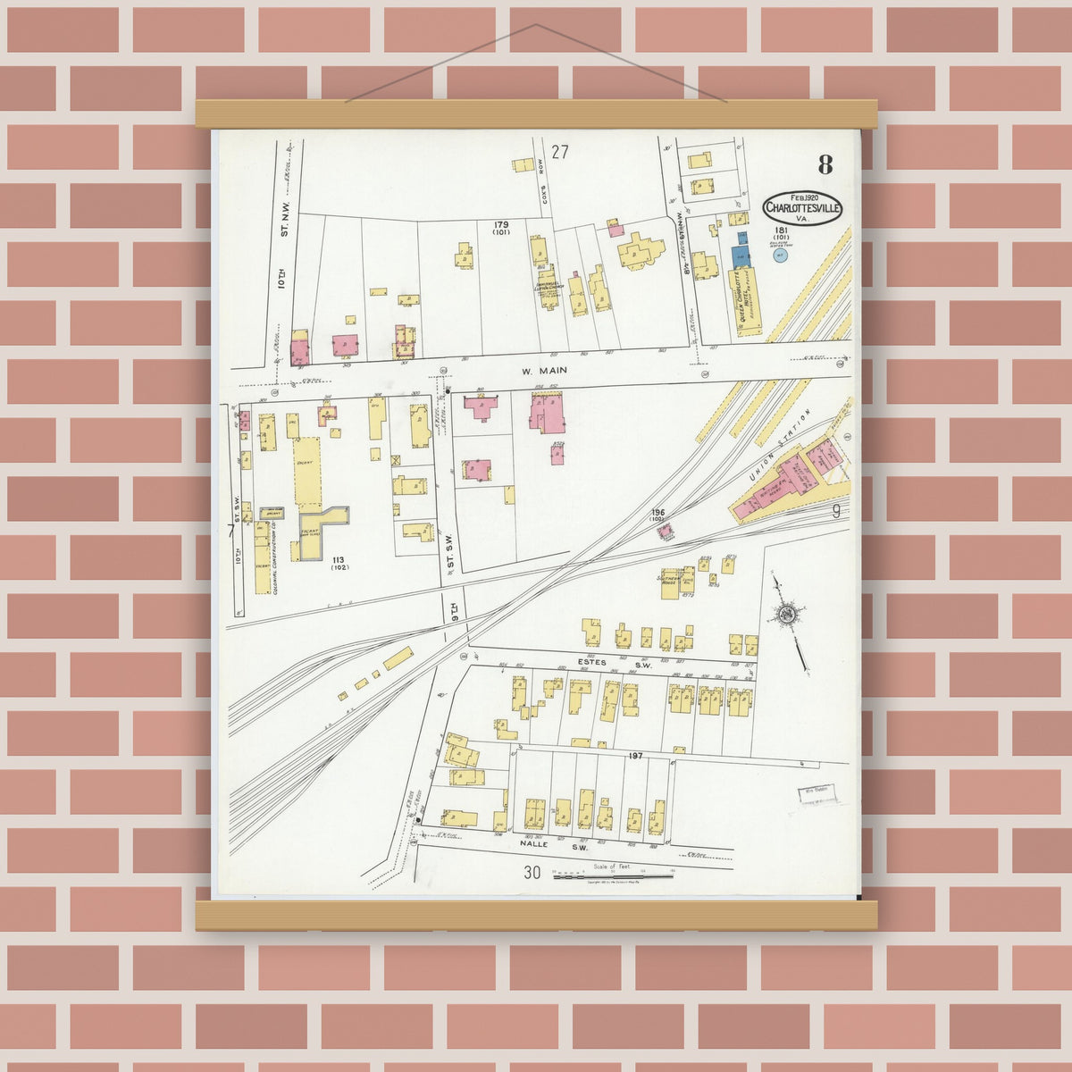 Old map wall art mockup — magnetic wood frame on brick wall — Sanborn Fire Insurance Map from Charlottesville, Independent Cities, Virginia (1920), Sheet #0008