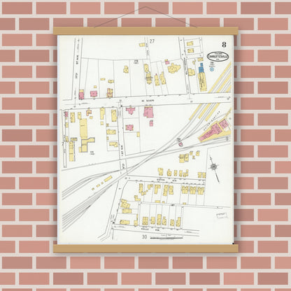 Old map wall art mockup — magnetic wood frame on brick wall — Sanborn Fire Insurance Map from Charlottesville, Independent Cities, Virginia (1920), Sheet #0008